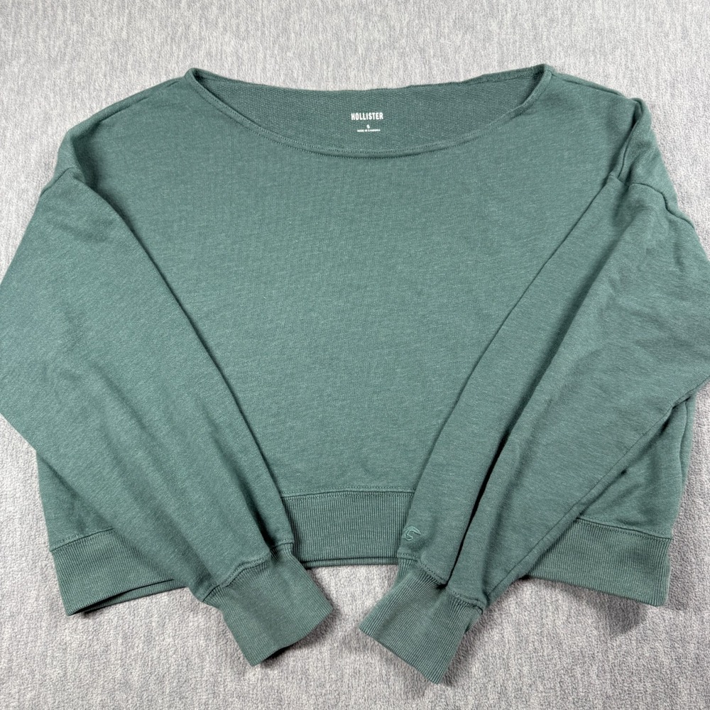 Hollister Sweatshirt Womens S Green Crop Boat Neck Long Sleeve Pullover Knit Top